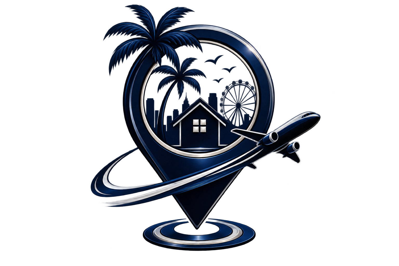 A stylized digital graphic featuring a house inside a location pin, palm trees, a Ferris wheel, and an airplane, representing travel and real estate.