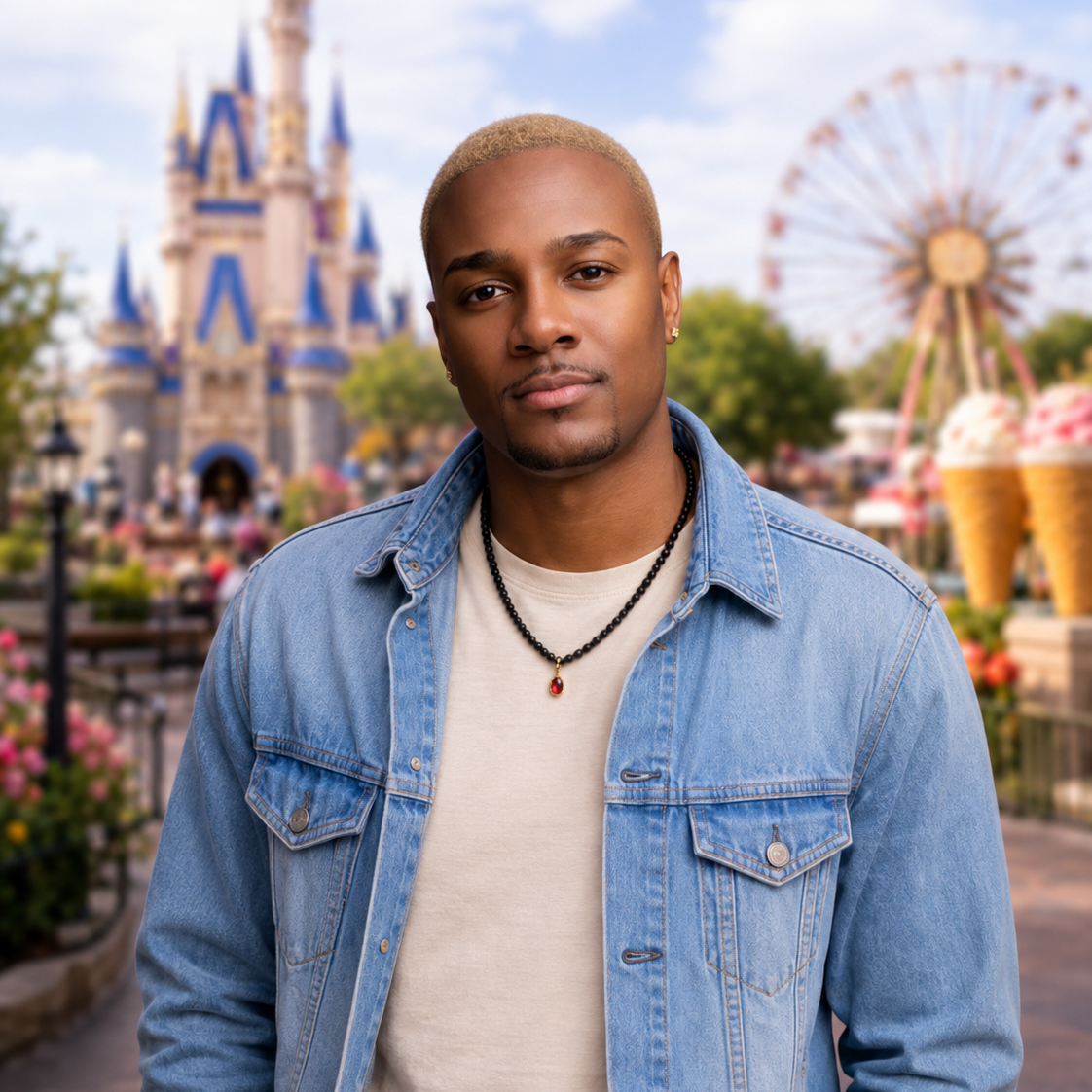 A young man with blonde hair wearing a denim jacket and necklace standing in front of a Disney castle and amusement park rides.