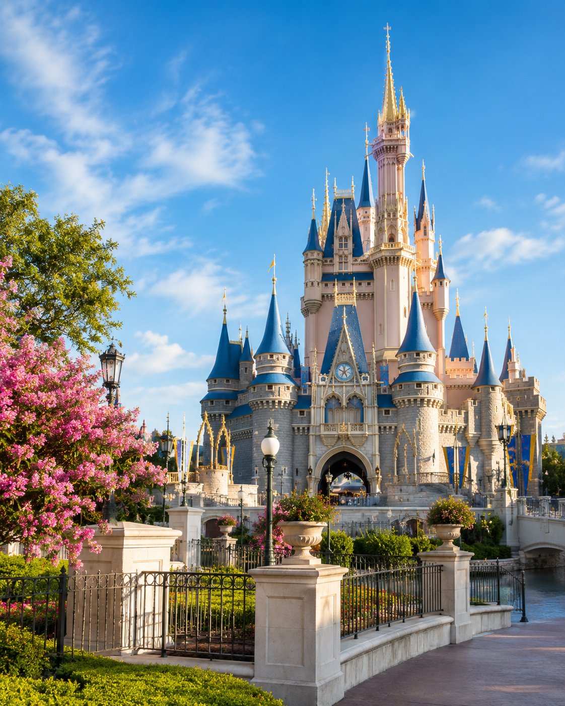 Cinderella Castle at Disneyland with blue spires, surrounded by greenery and pink flowering trees under a bright blue sky.