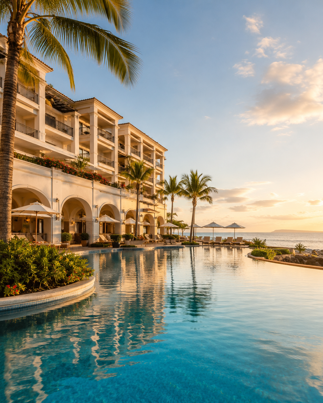 Luxury beachfront resort with a swimming pool, palm trees, and umbrellas at sunset, overlooking the ocean.