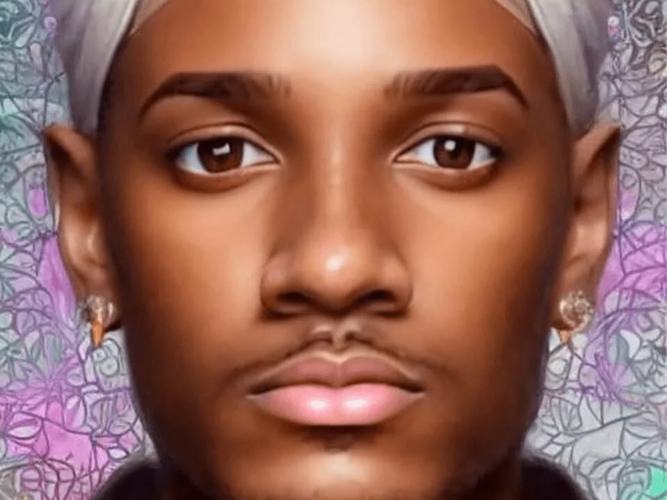 A young woman with dark skin. She is wearing a gray headscarf, earrings, and has natural makeup. The background features an abstract, colorful pattern.