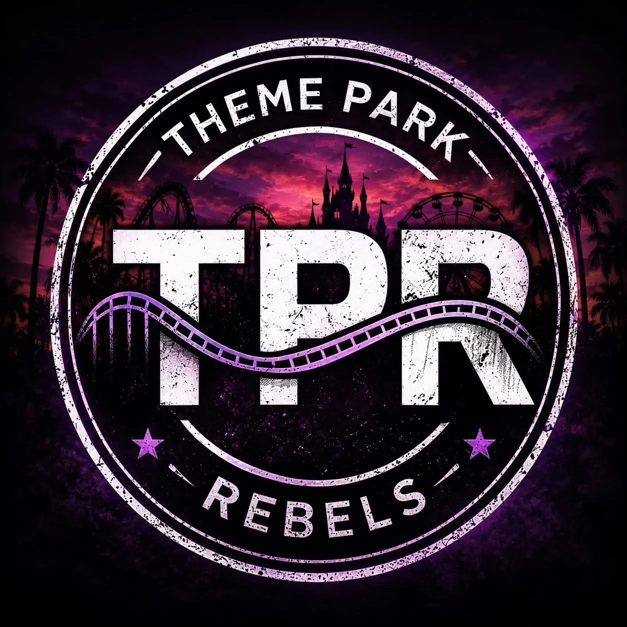 A logo for Theme Park Rebels with an amusement park background, featuring a castle, roller coasters, and a Ferris wheel at sunset, with the text 'TPR' and the words 'Theme Park Rebels' and two purple stars.