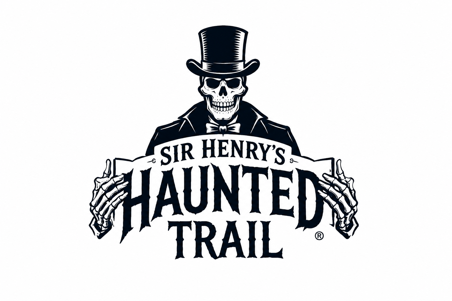 A skeleton wearing a top hat, suit, and bowtie holding a sign that reads 'Sir Henry's Haunted Trail'.