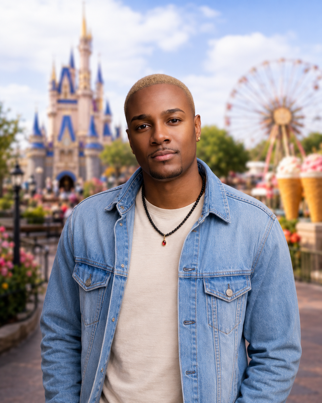 A young man with blond hair, wearing a denim jacket and necklace, standing in front of Disneyland with Cinderella's castle and a Ferris wheel in the background.