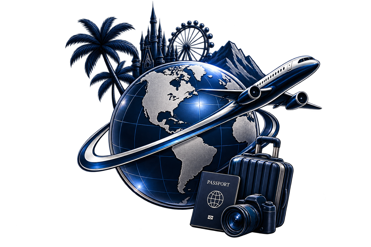 Digital collage of travel themes including a globe, an airplane, a passport, a camera, a suitcase, palm trees, a castle, a mountain, and a Ferris wheel.
