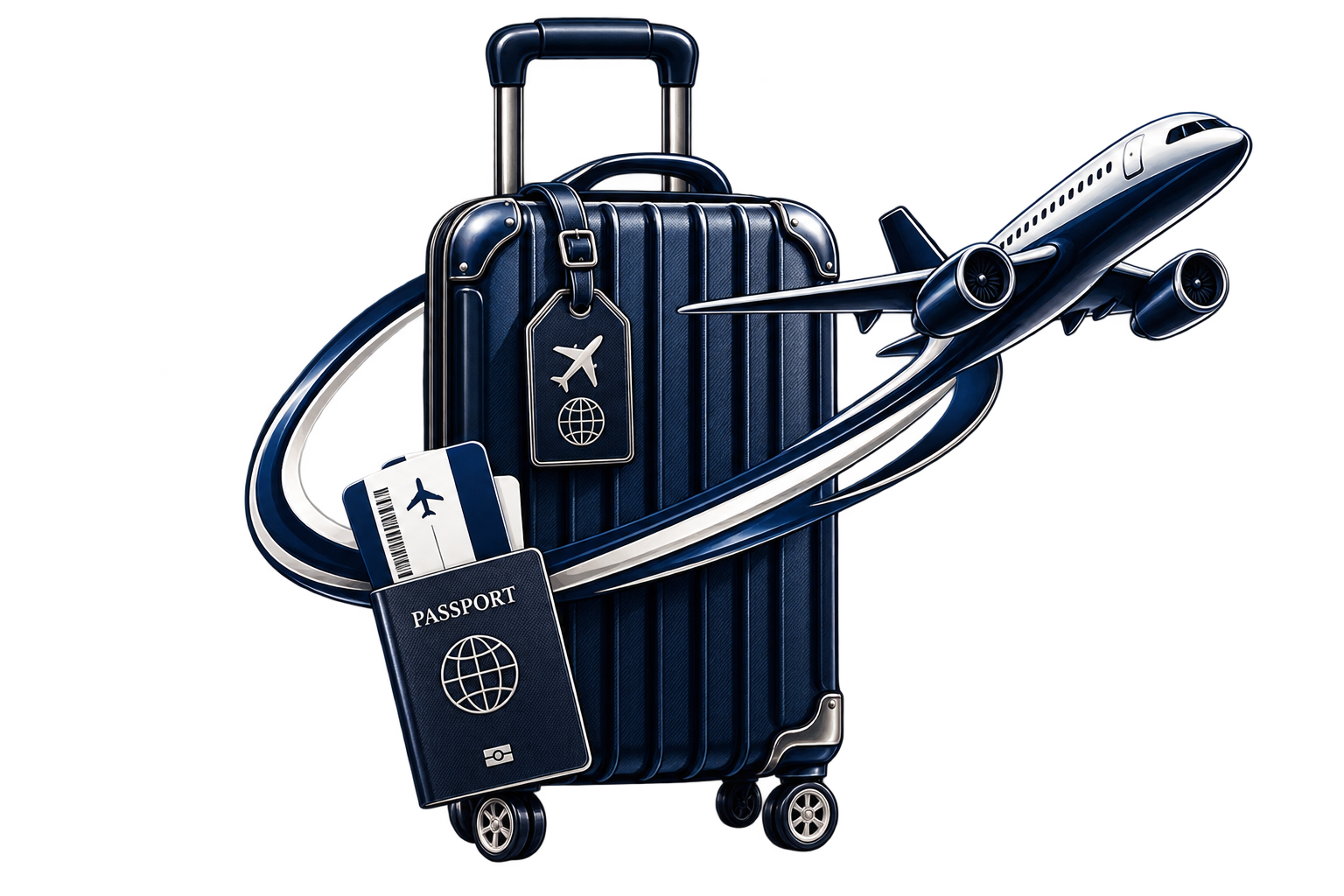Illustration of a suitcases, airplane tickets, and a model airplane, symbolizing travel.