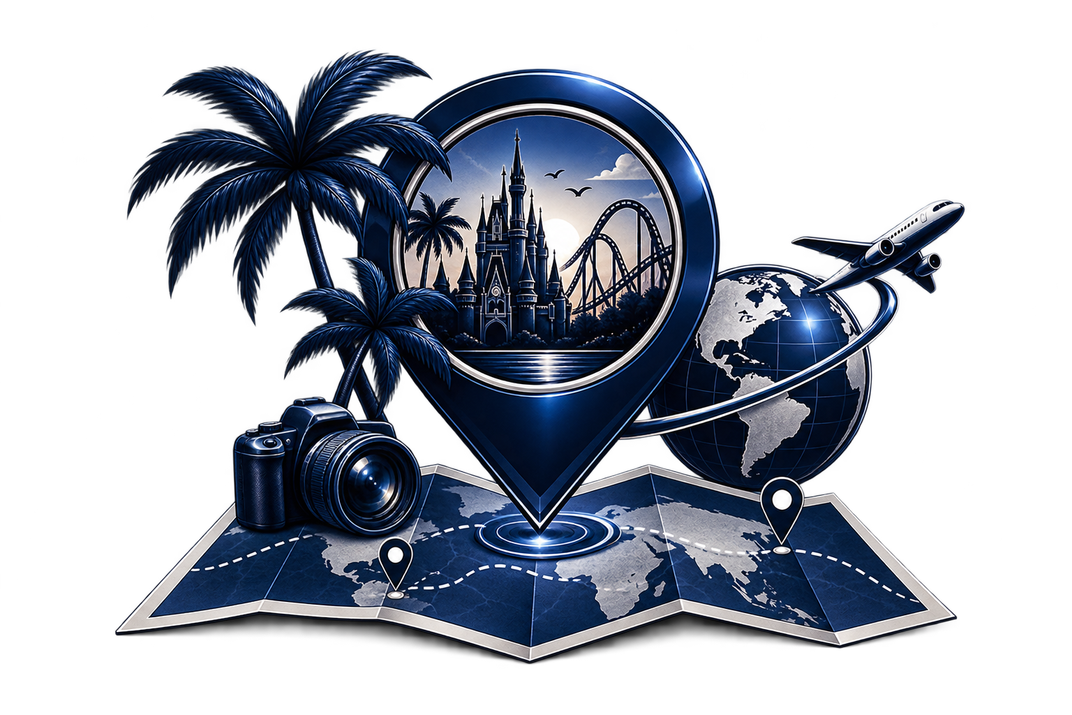 A travel-themed digital artwork featuring a map with location pins, a camera, palm trees, a fairy tale castle, an airplane, and a globe with a plane orbiting it.
