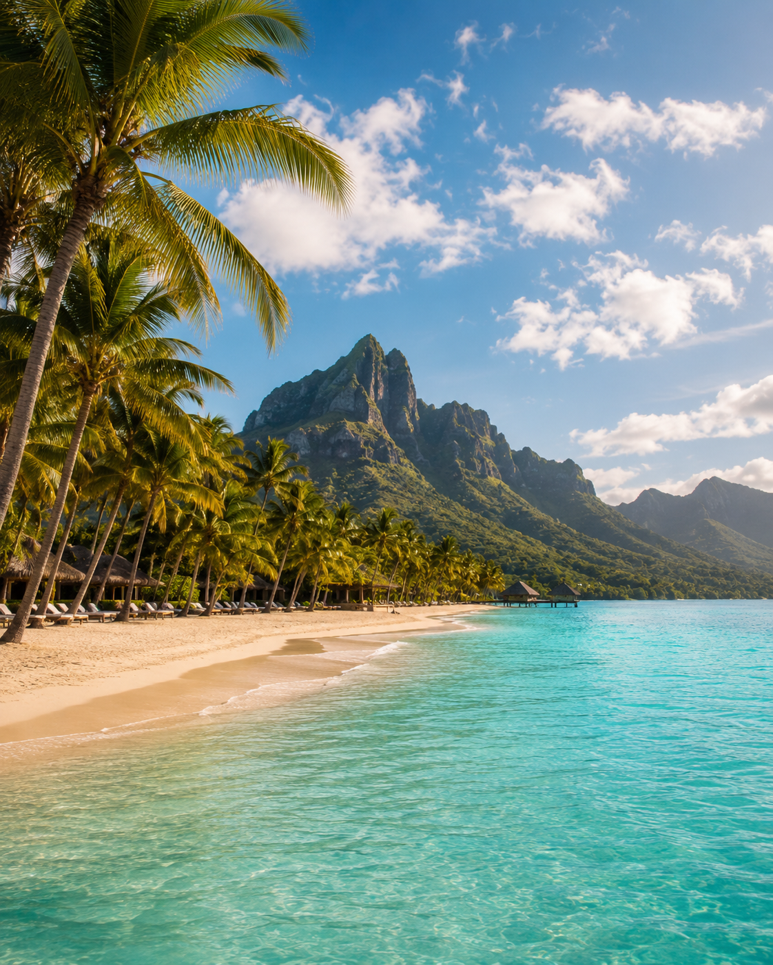 A tropical beach with turquoise water, palm trees lining the sandy shore, and a mountain in the background under a partly cloudy sky.