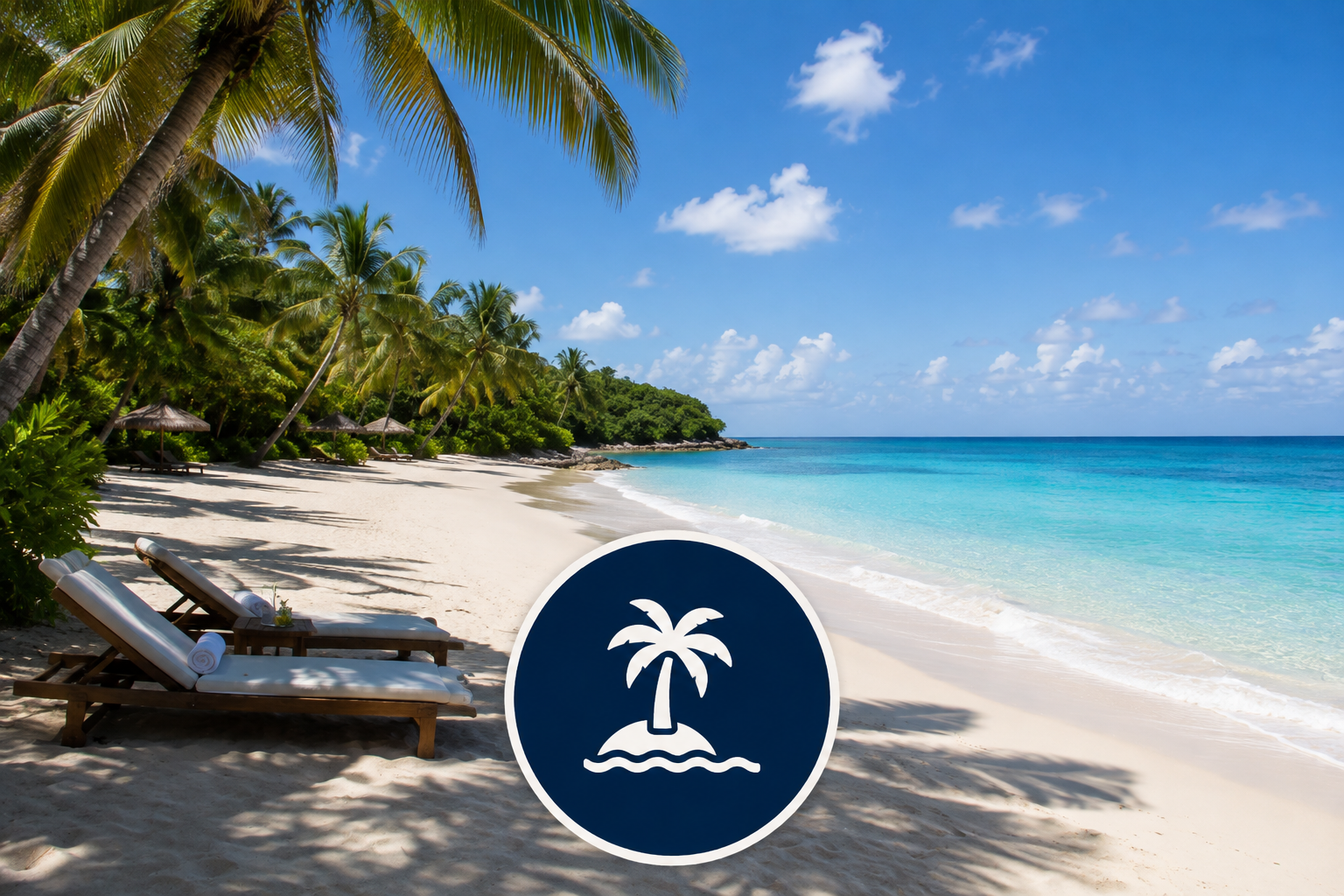 A serene beach scene with palm trees, white sandy shore, lounge chairs, and calm turquoise ocean under a partly cloudy blue sky.