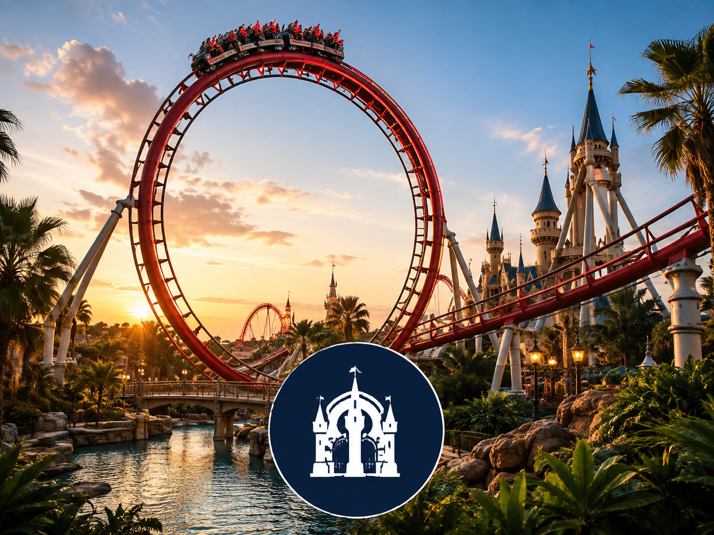 A roller coaster at sunrise at Disneyland with a castle in the background and a logo of a castle in front.