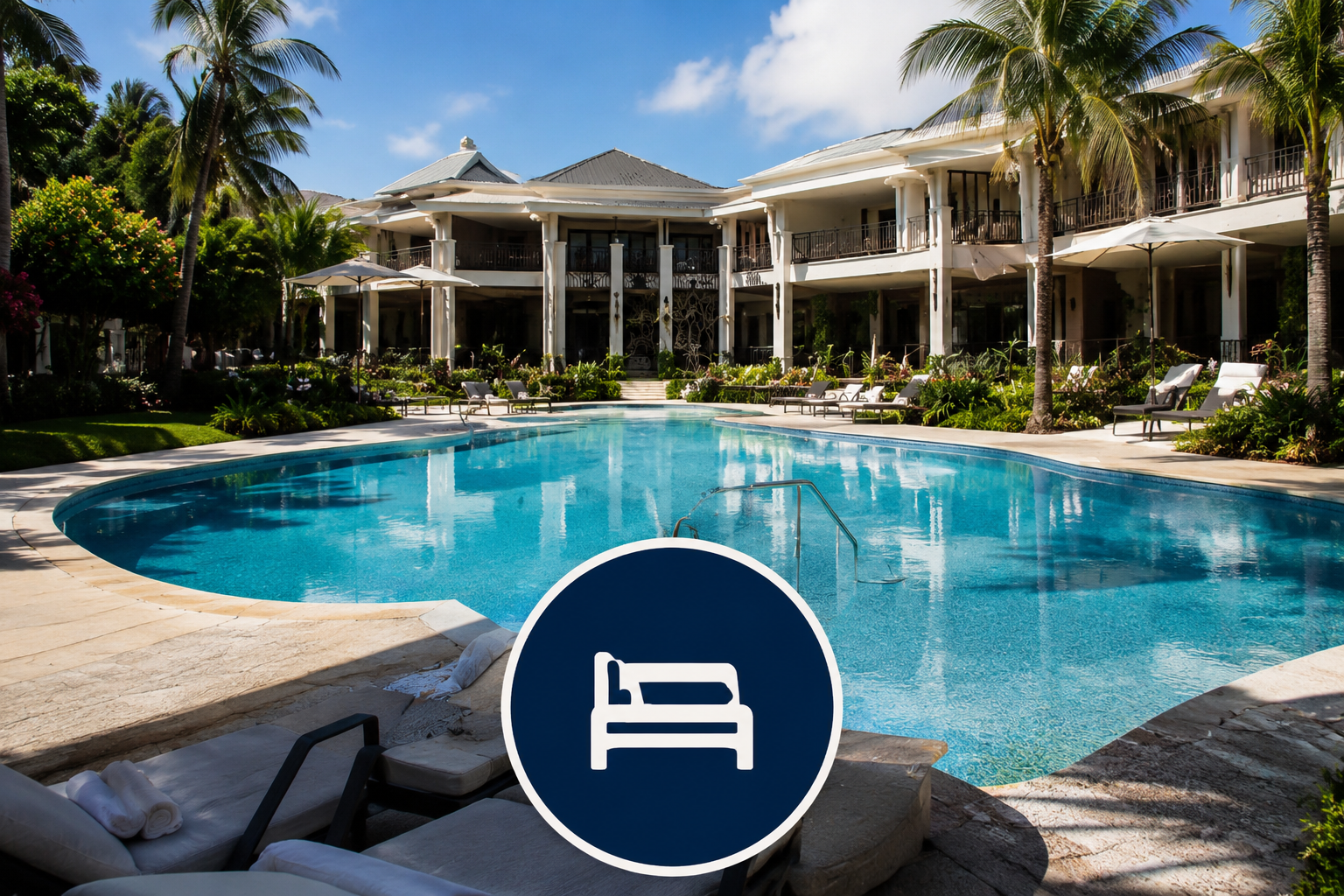 Luxury hotel pool with lounge chairs, palm trees, and a two-story building in the background under a partly cloudy sky.