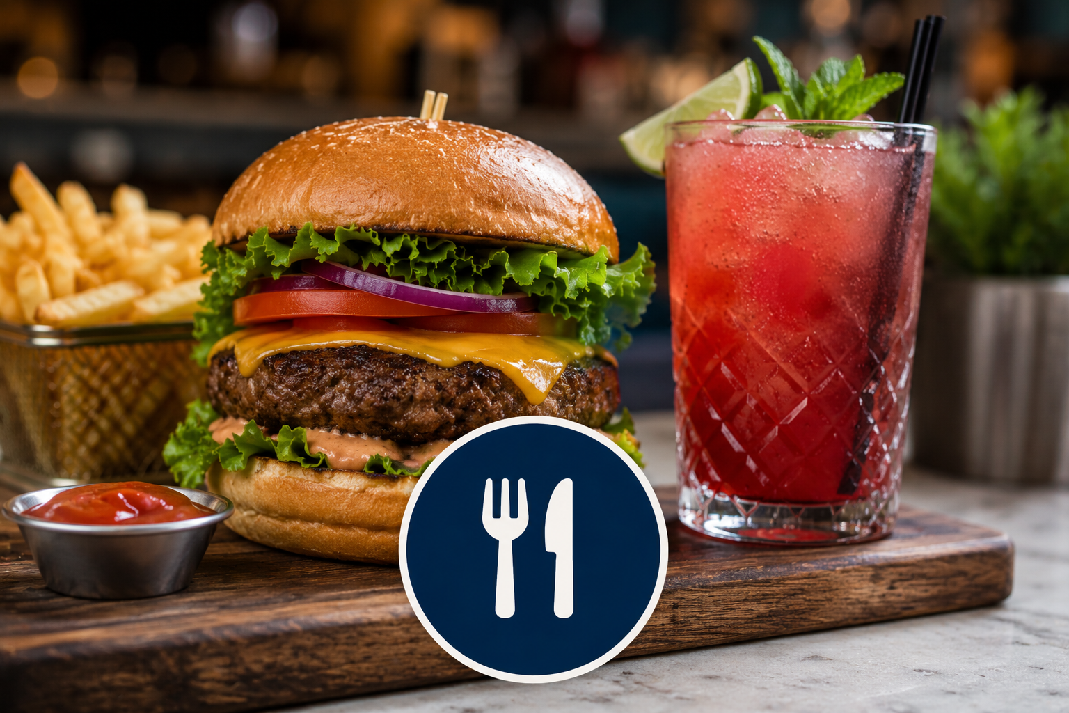 A cheeseburger with lettuce, tomato, onion, cheddar cheese, and a beef patty in a bun, served with French fries, a red cocktail garnished with lime and mint, on a wooden board.