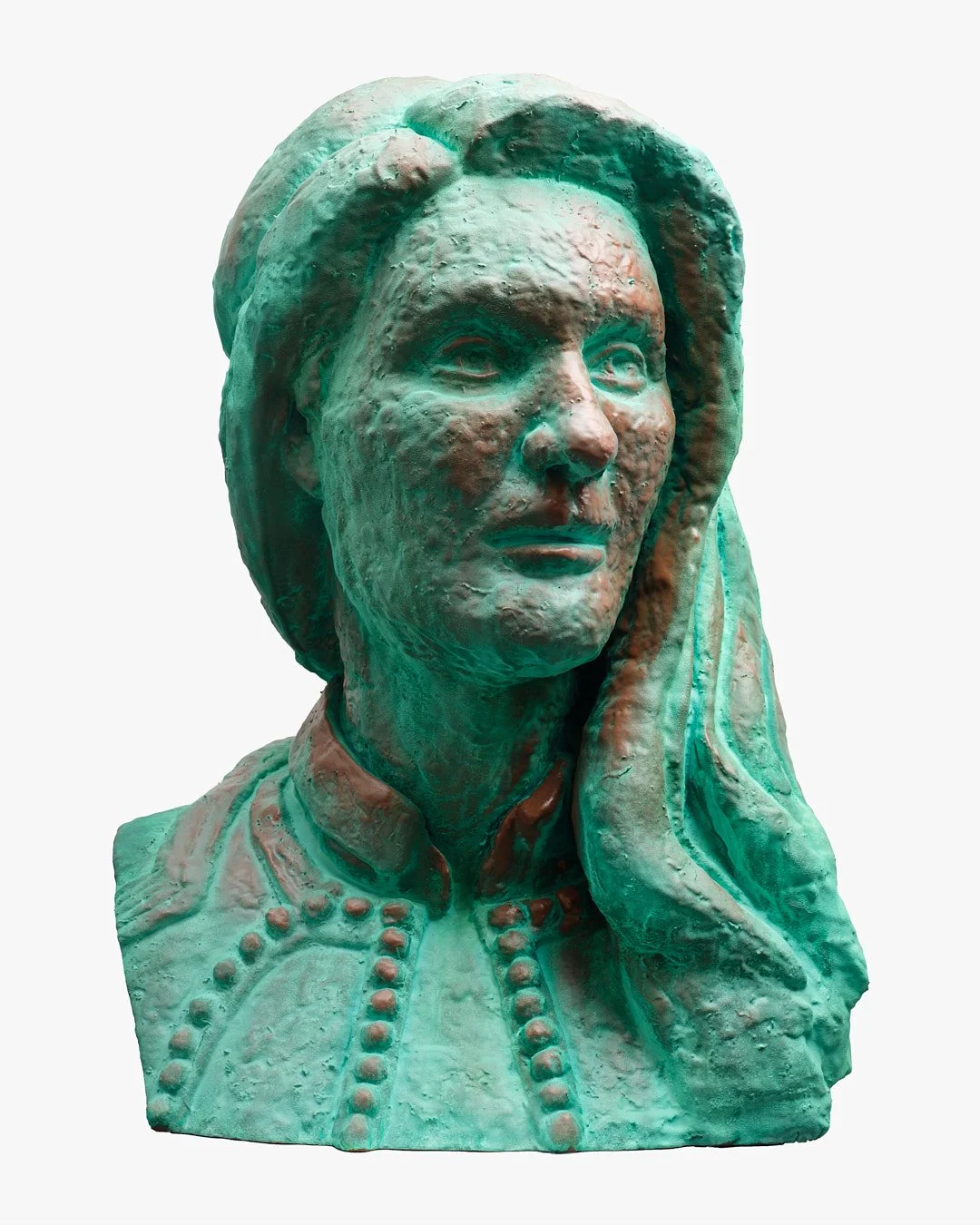Bronze bust of a woman with detailed hair, a serious expression, and a garment with raised beads or buttons.