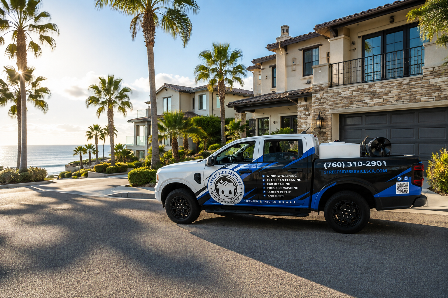 A street side cleaning service truck parked in front of a luxury house under palm trees, with the ocean visible in the background.