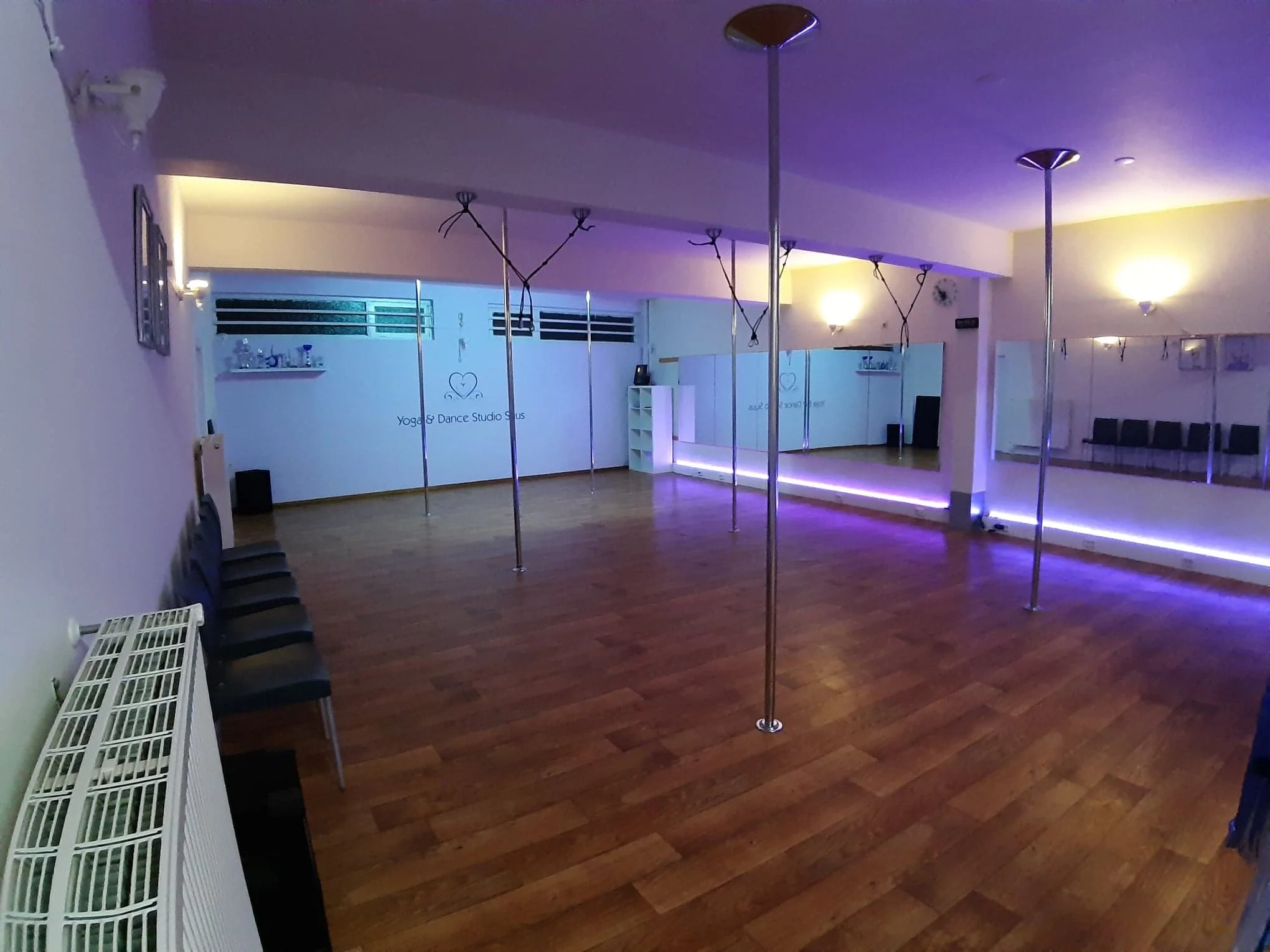 Studio Suus paaldans gymzaal en aerial yoga zaal met spiegel.