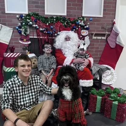A Christmas scene with a person dressed as Santa Claus holding a puppy, two children dressed as skeletons, a large dog in a plaid outfit, and a festive background with Christmas stockings, gifts, and decorations.