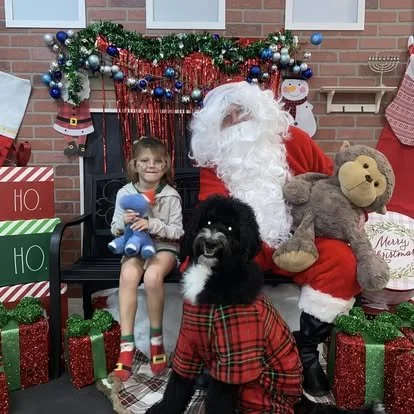 A girl sitting next to Santa Claus, who is holding a teddy bear, with a black dog wearing a red plaid scarf in front. The background features Christmas decorations, including a fireplace with stockings, wrapped gifts, and festive ornaments.