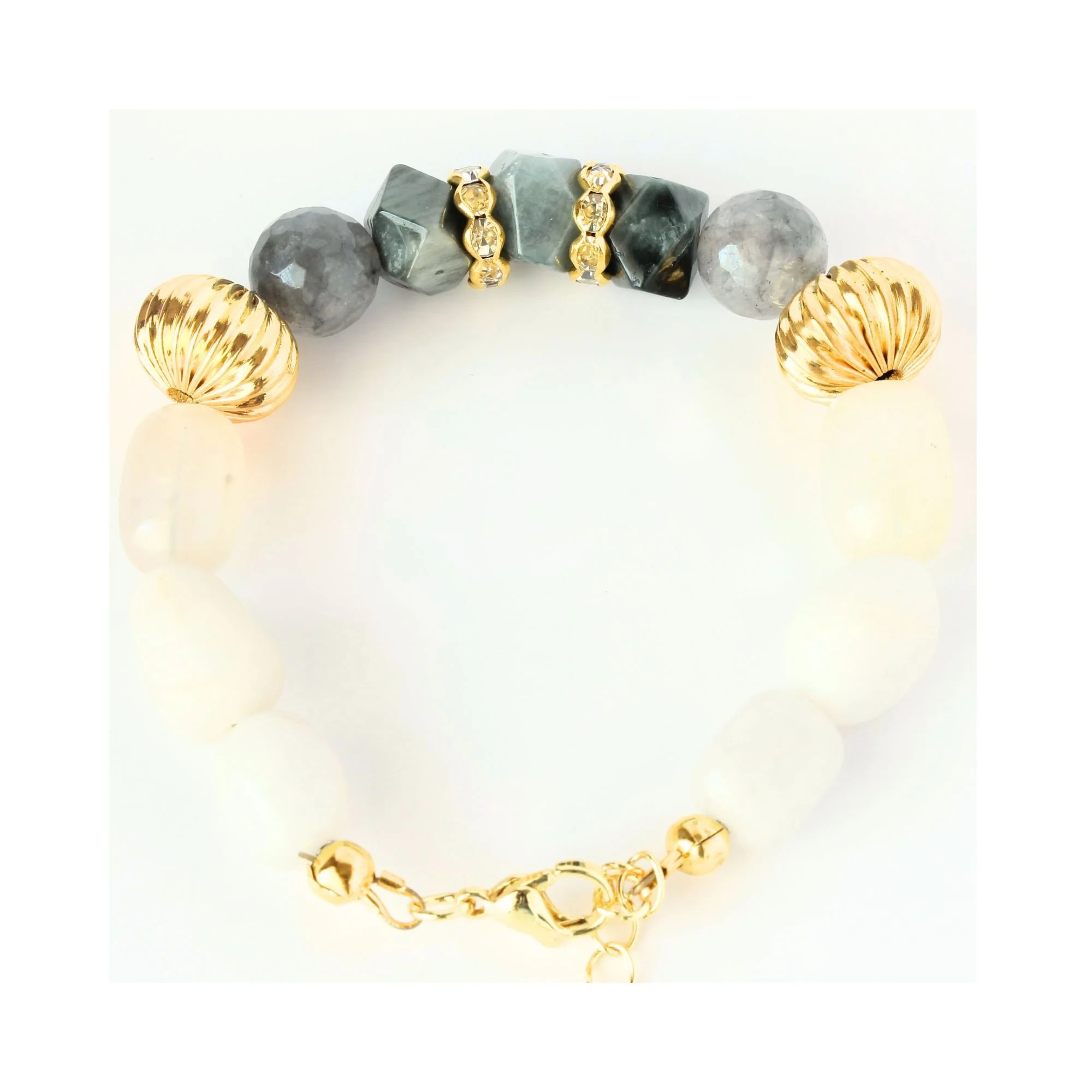 Gray Hawk’s Eye Mixed White Gemstone Bracelet with Gold Accents