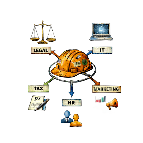 A digital illustration depicts a central yellow construction helmet with various business-related categories connected by lines, including legal, IT, tax, HR, and marketing, each with relevant icons such as scales, a computer, tax forms, people, and a megaphone.