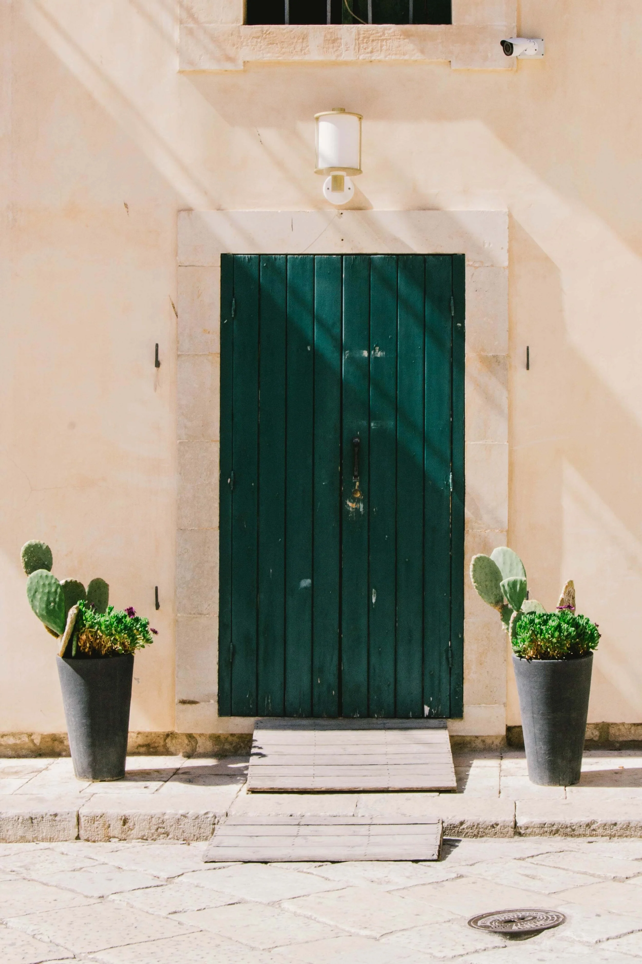 Green door into plaster building with cacti in pots