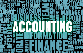 A word cloud featuring finance and accounting terms like 'Accounting,' 'Finance,' 'Business,' 'Information,' and 'Manager' in various shades of blue and white.