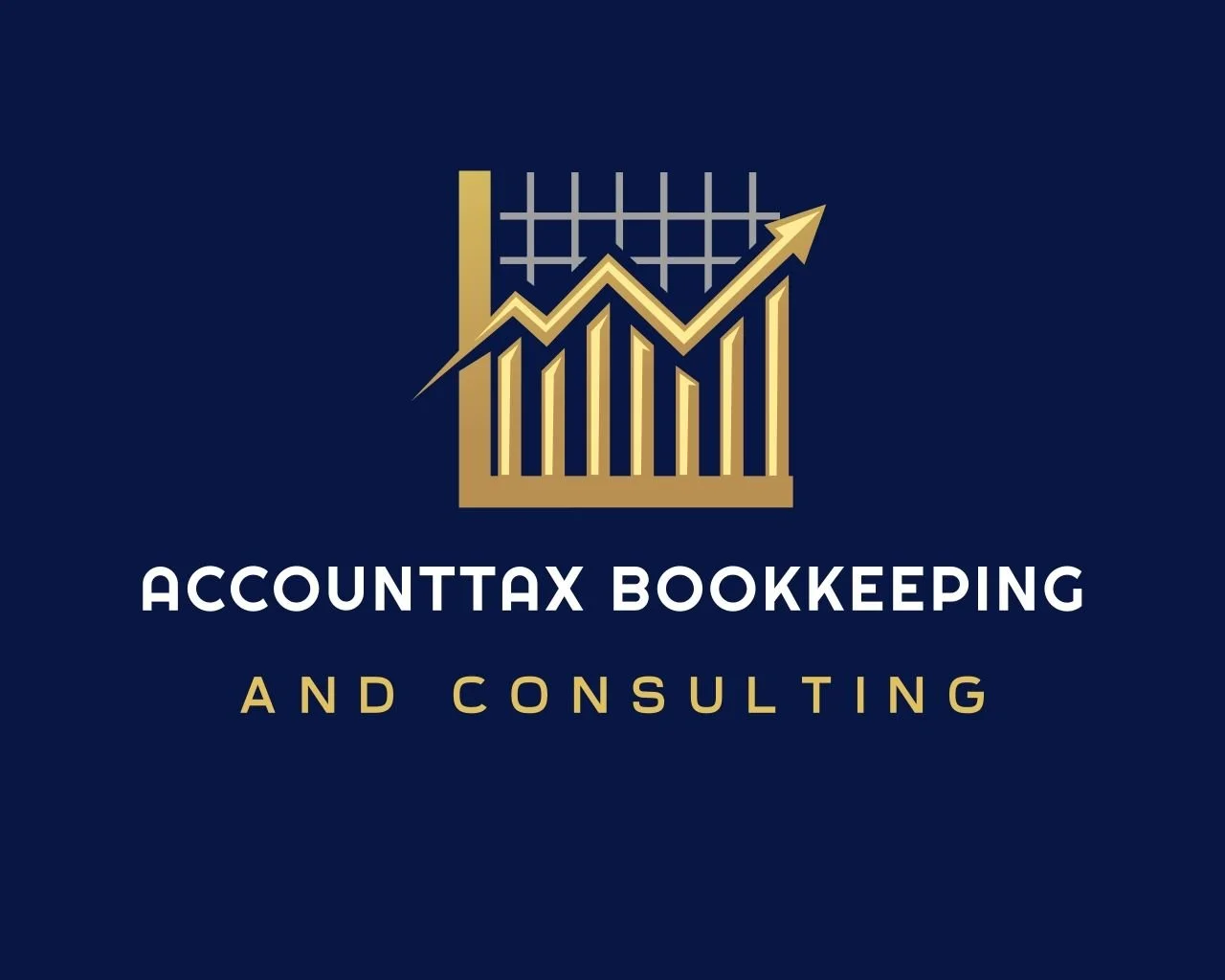 Logo for AccountTax Bookkeeping and Consulting featuring a gold upward trending arrow and bar chart on a dark blue background with white and gold text.