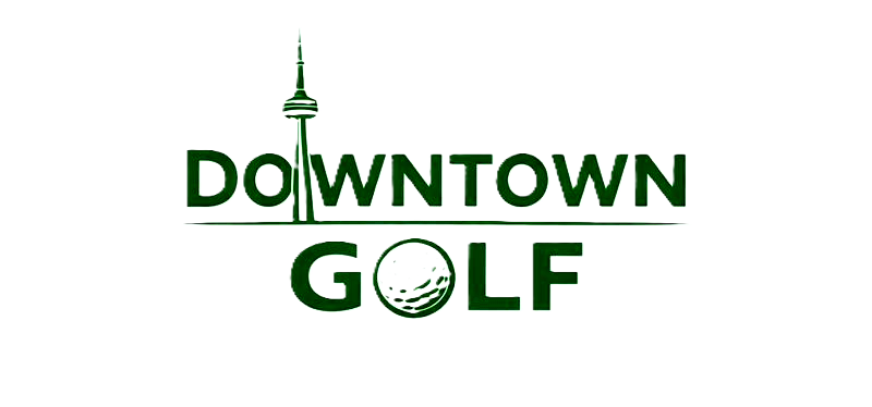 Logo for Downtown Golf featuring a city tower, with the text "Downtown Golf" and a golf ball design.