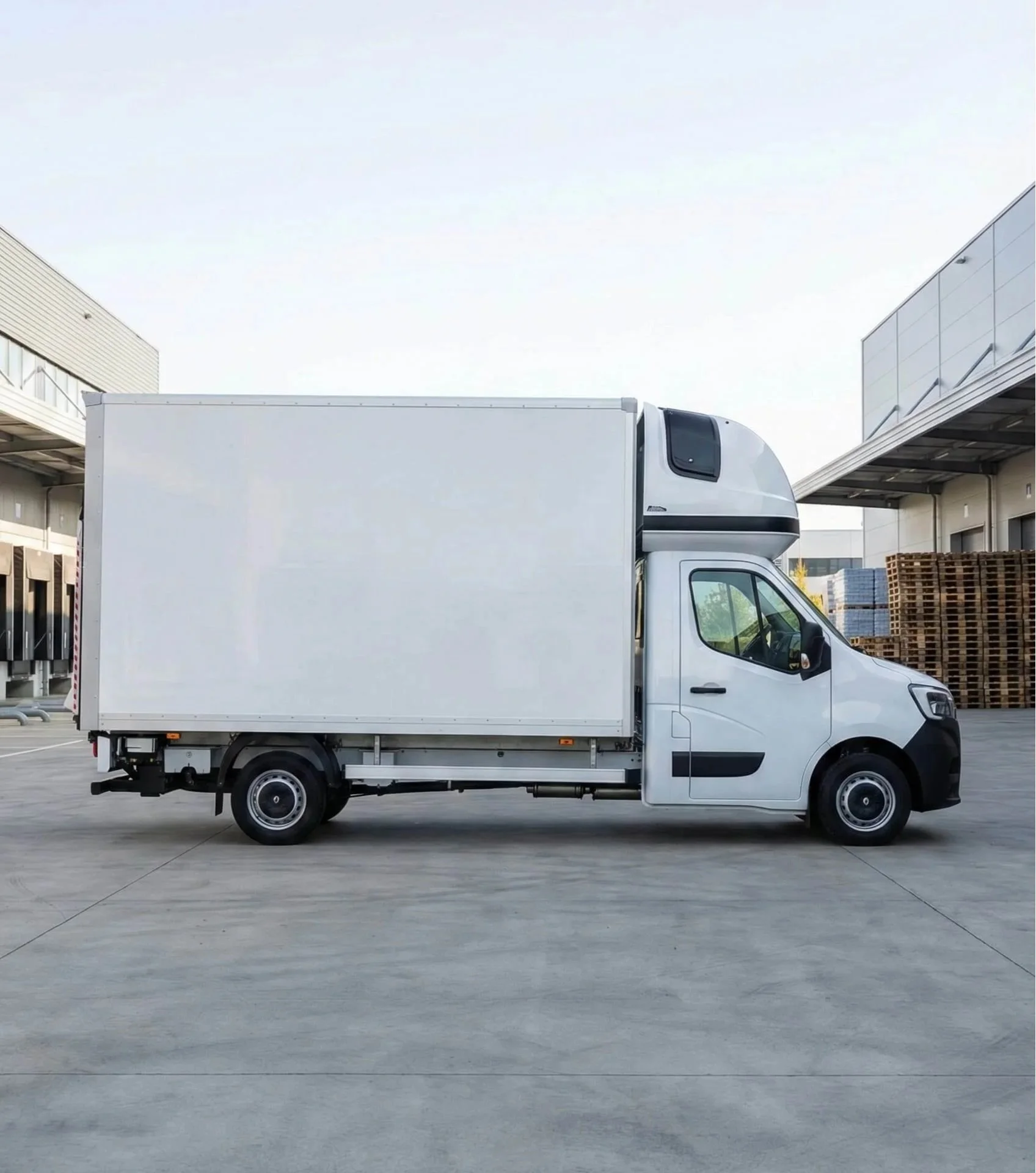 Weißer Renault Kastenwagen an einer Lagerhalle bereit für die internationale Logistik ab Bayern.