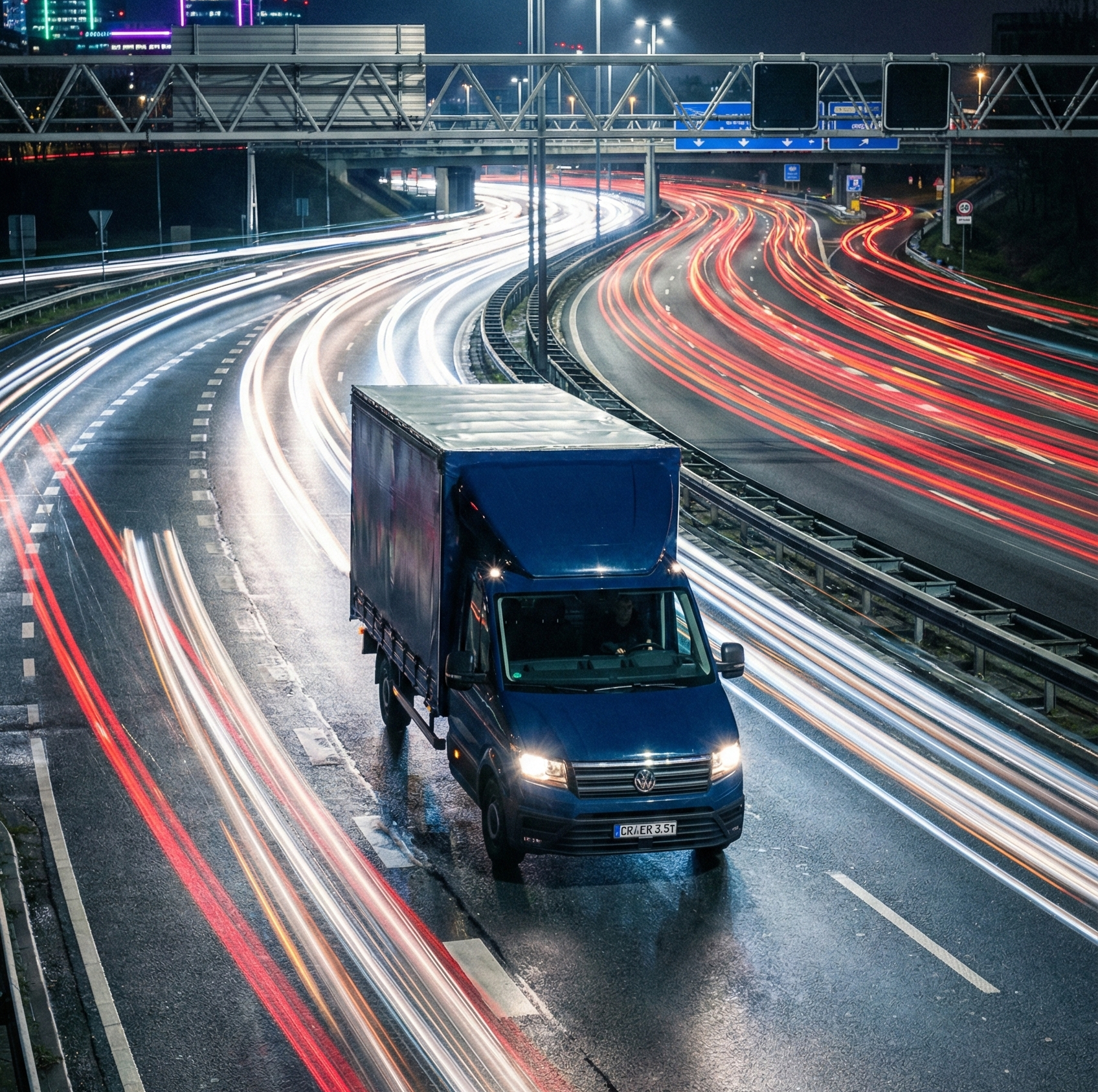 Ein blauer VW Transporter fährt nachts auf einer vierspurigen Autobahn. Die langen Belichtungsaufnahmen erzeugen Lichtspuren von vorbeifahrenden Fahrzeugen in Weiß und Rot, was den Eindruck von Bewegung vermittelt. Die Straße ist nass und reflektiert das Licht. Im Hintergrund sind überdachte Wege und mehrere leuchtende Hochhäuser sichtbar.