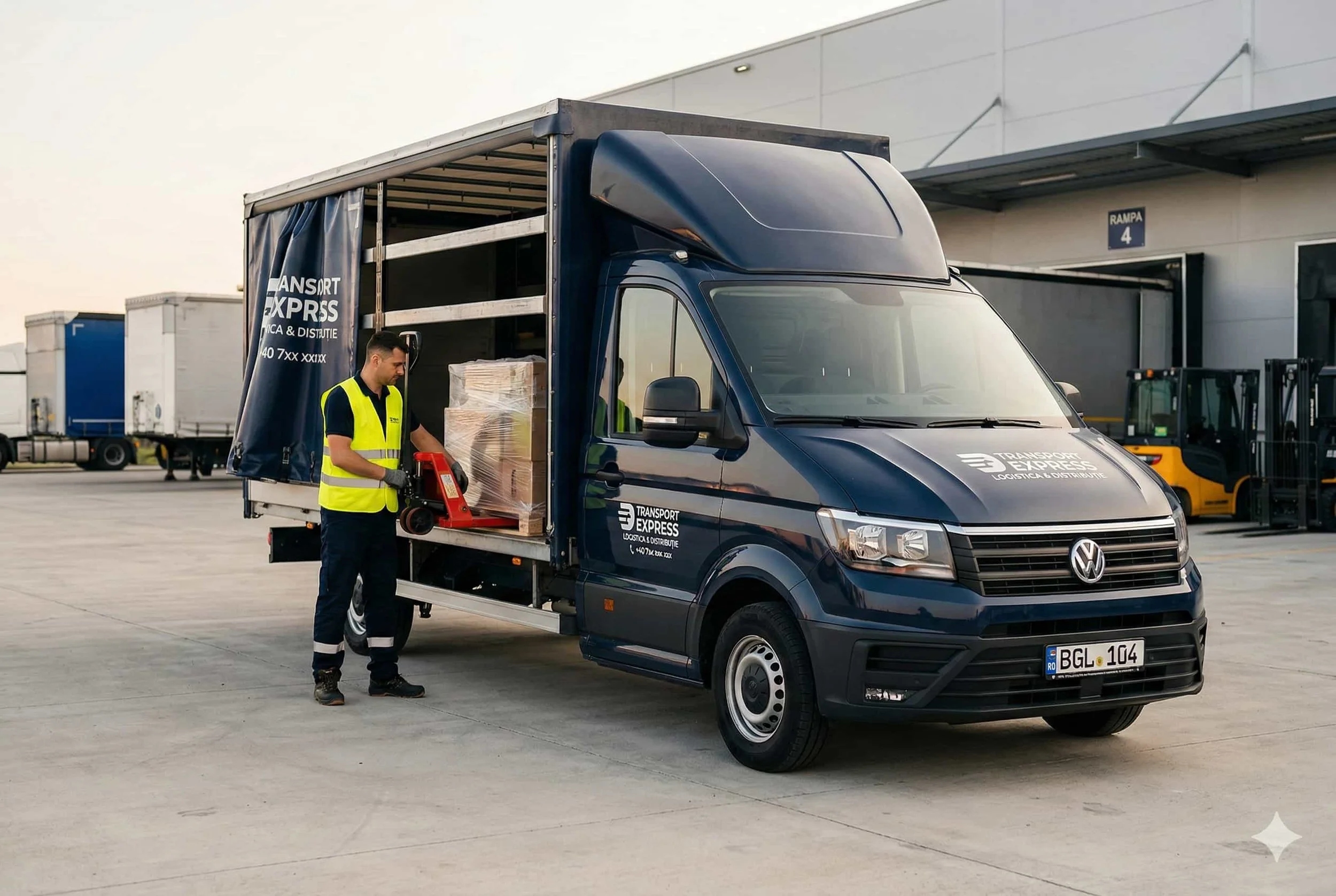 Sichere Beladung eines Paletten-LKW mit Plane bei der Spedition Ayli Luk, Fachkraft verlädt Ware mit einem Hubwagen für den sicheren Transport ohne Umladen.
