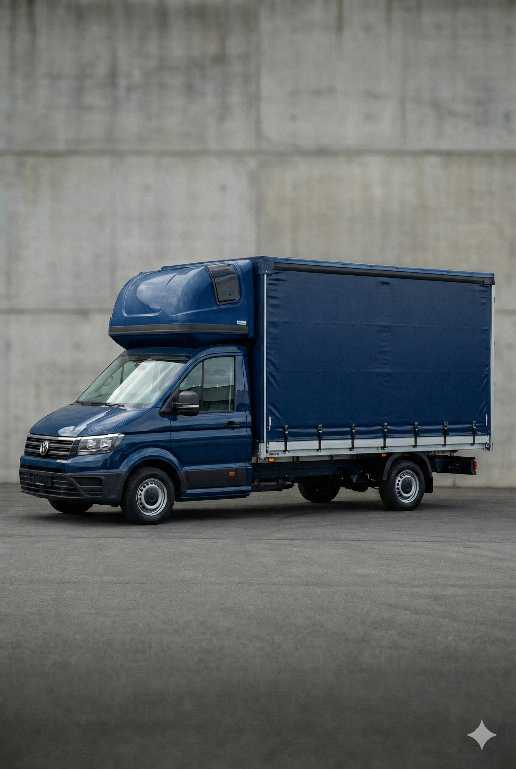Ein dunkelblauer Transporter, möglicherweise ein Volkswagen, mit einem abgedeckten Laderaum, geparkt auf einer betonierten Fläche vor einer großen Betonmauer.
