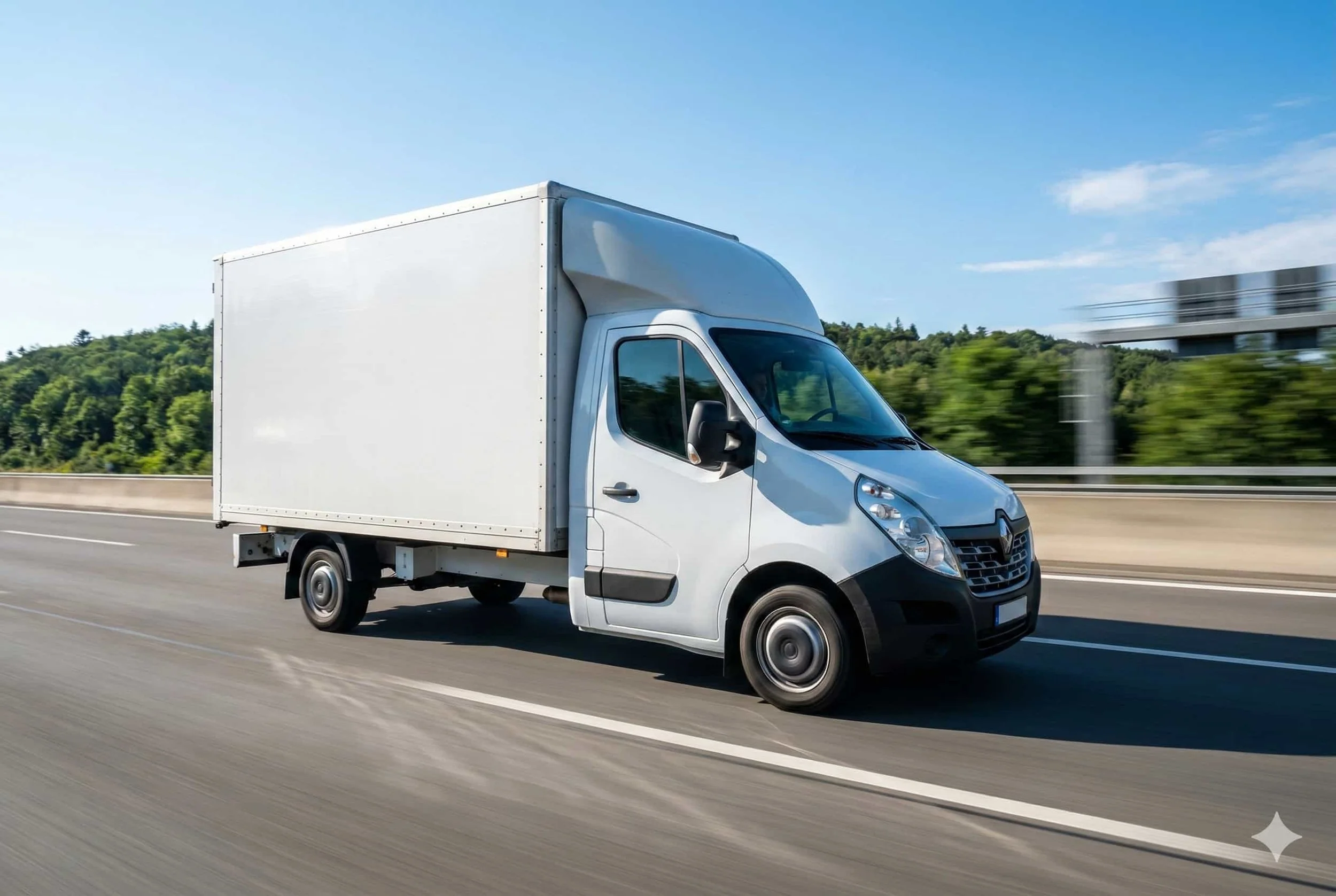 Ein weißer Express-Transporter in schneller Fahrt auf der deutschen Autobahn, symbolisiert blitzschnelle Zustellung und termingerechte Sonderfahrten.