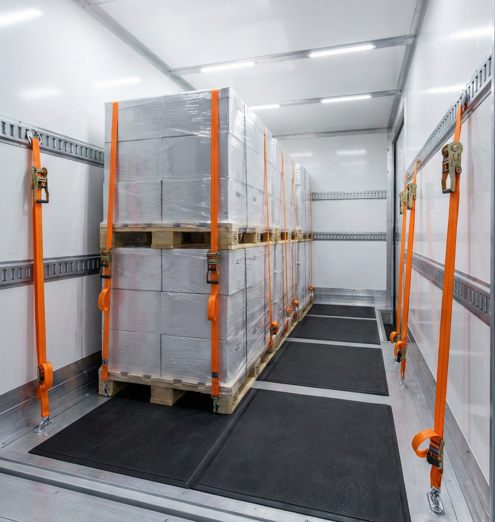 Lagerraum mit Paletten, die mit Verpackungstape gesichert sind, in einem Transportfahrzeug