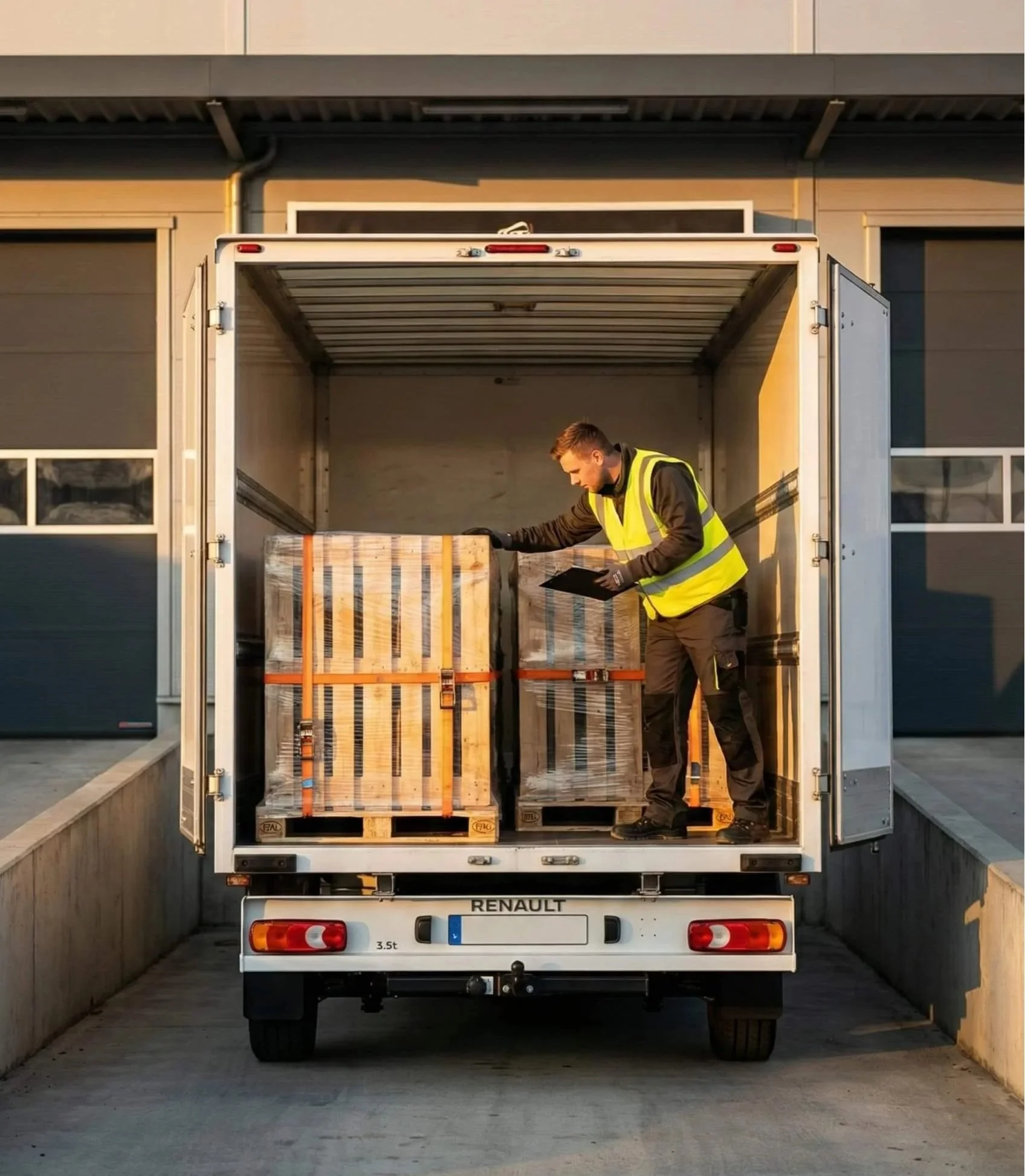 Zuverlässiger Kurierfahrer von Ayliluk kontrolliert die Ladung am Transporter in Bad Reichenhall.