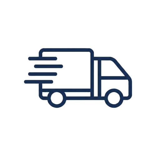 Zeichnung eines Lieferwagens mit Bewegungslinien, die schnelle Lieferung symbolisieren.