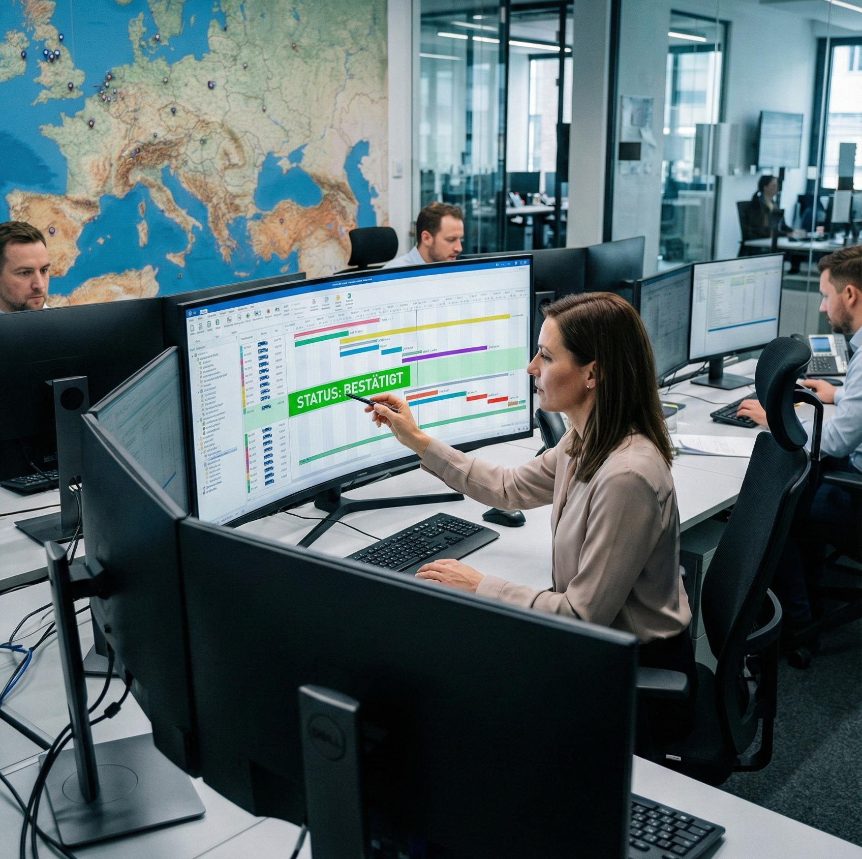 Büro mit mehreren Mitarbeitern, einer Frau zeigt auf einen Computerbildschirm mit einem Projektplan, auf dem der Status "Bestätigt" markiert ist.