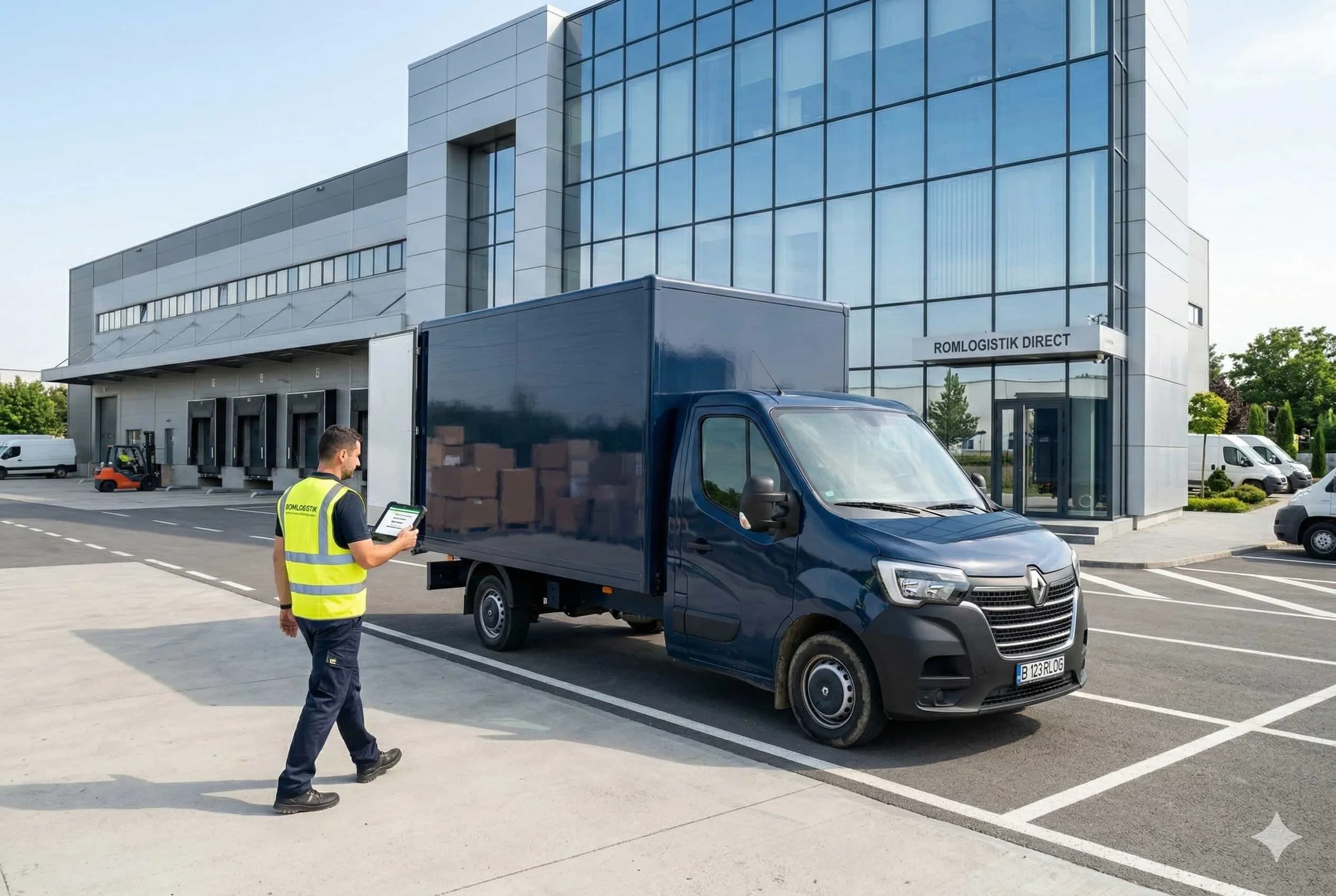 Direkte Door-to-Door Lieferung eines Ayli Luk Kofferfahrzeugs vor einem modernen Firmengebäude, fachgerechte Übergabe der Fracht direkt beim Empfänger.