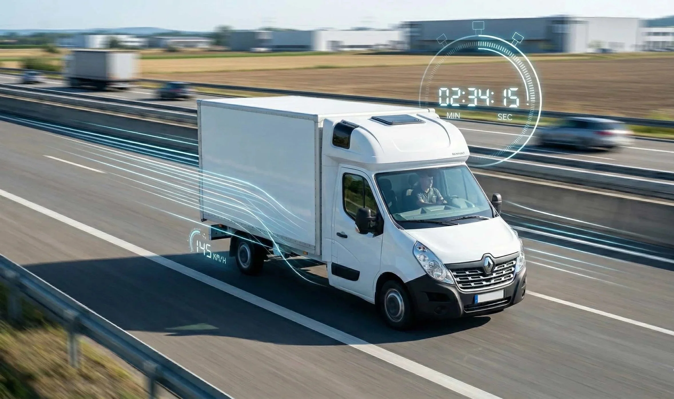 Ein weißen Lieferwagen auf einer Autobahn mit digitalen Anzeigen für Geschwindigkeit und Zeit, die auf fortschrittliche Fahrzeugtechnologie hinweisen.