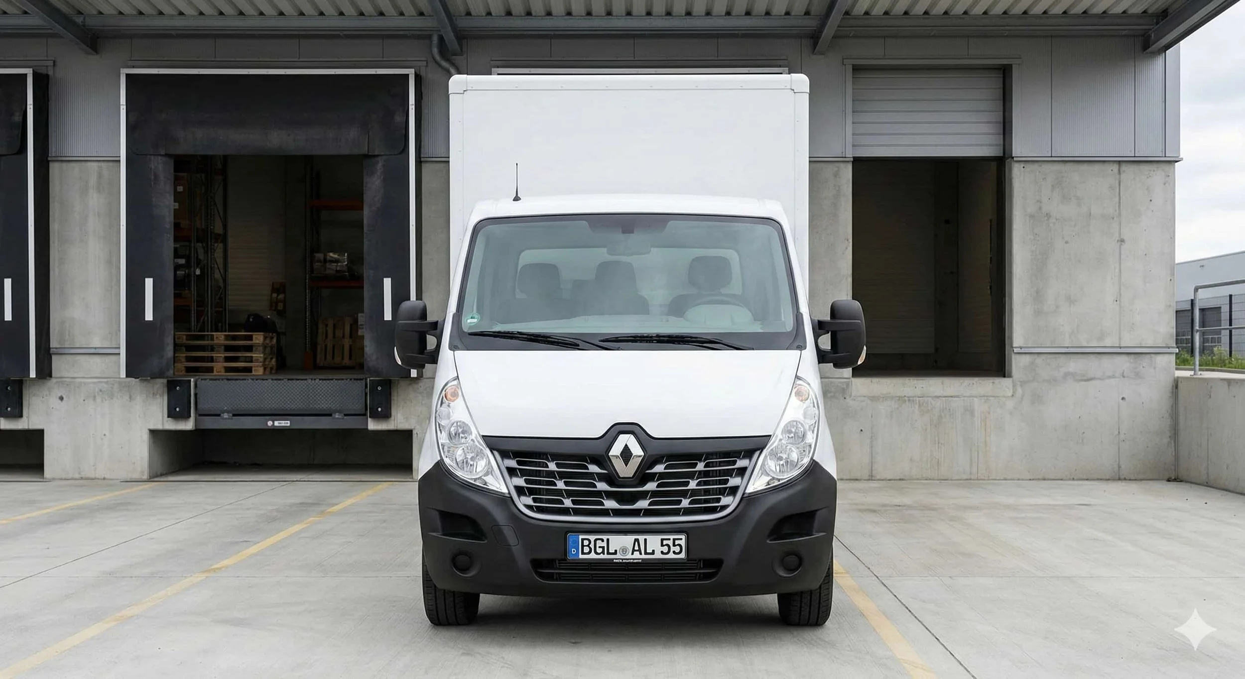 Weißer Renault Master Transporter an einer Laderampe im Logistikzentrum, bereit für schnelle B2B-Direktfahrten und Express-Transporte ohne Umladen.