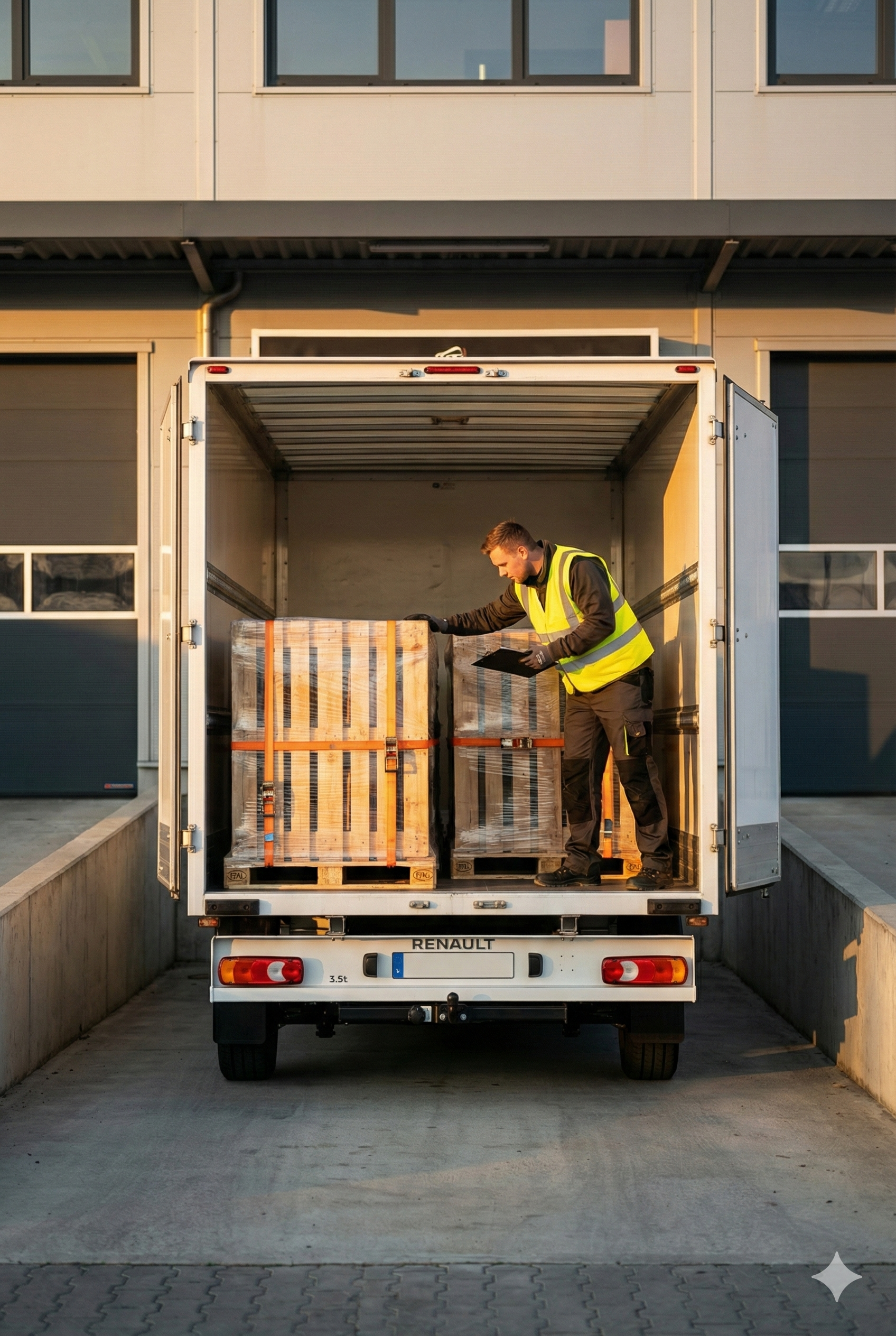LKW mit einem Mann darin, der Paletten mit Waren inspiziert, vor einer modernen Lagerhalle.
