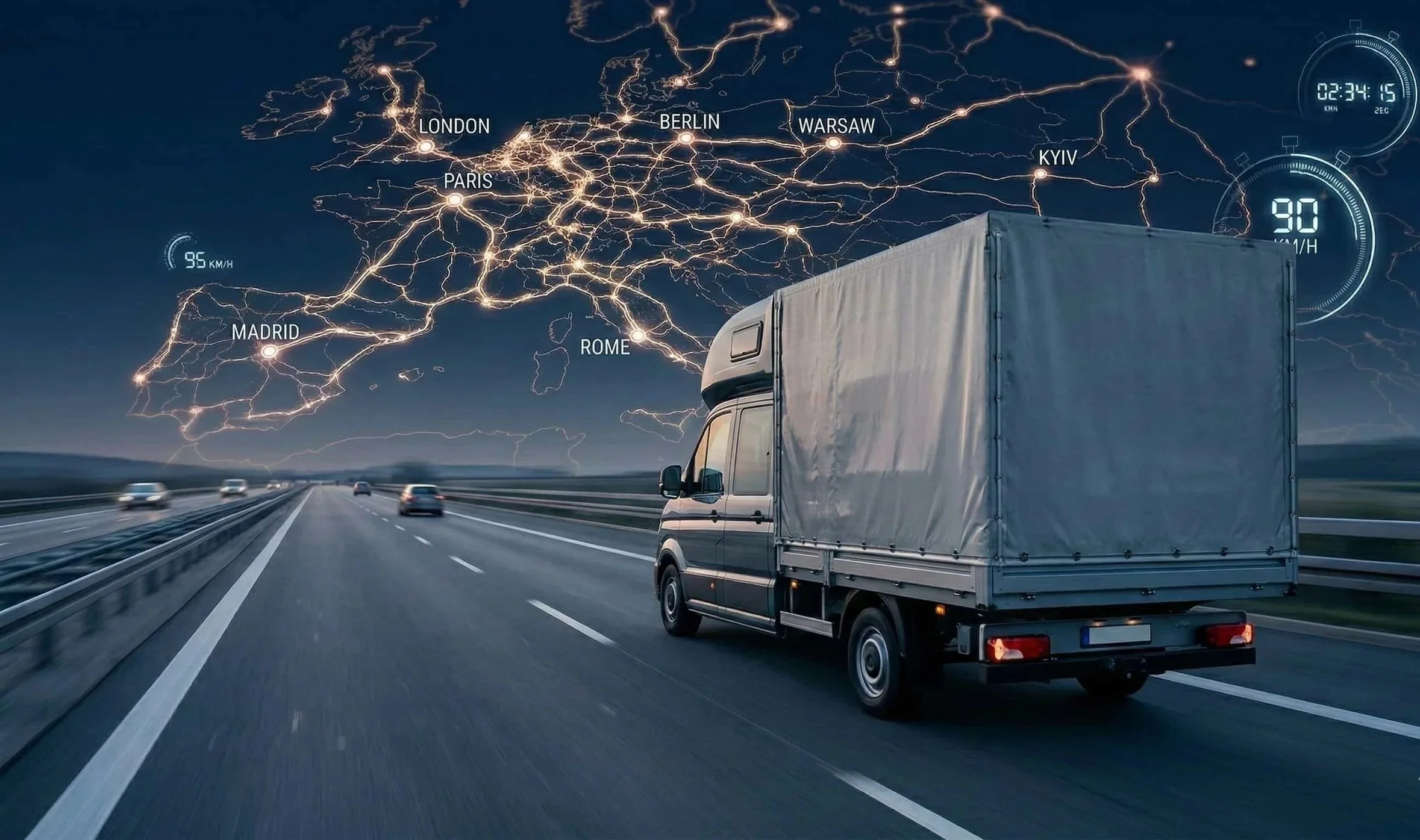 Ein LKW fährt auf einer Autobahn, über der Karte Europas mit Städtenamen und Netzwerklinien, Geschwindigkeits- und Zeitangaben als digitale Anzeigen.