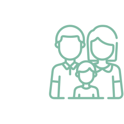 Outline drawing of a family of three, two adults and one child.