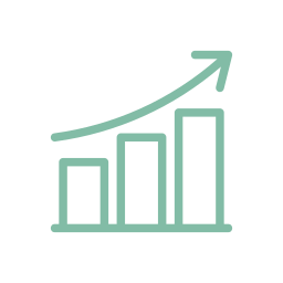 A line graph showing growth with ascending bars and an upward trending arrow.