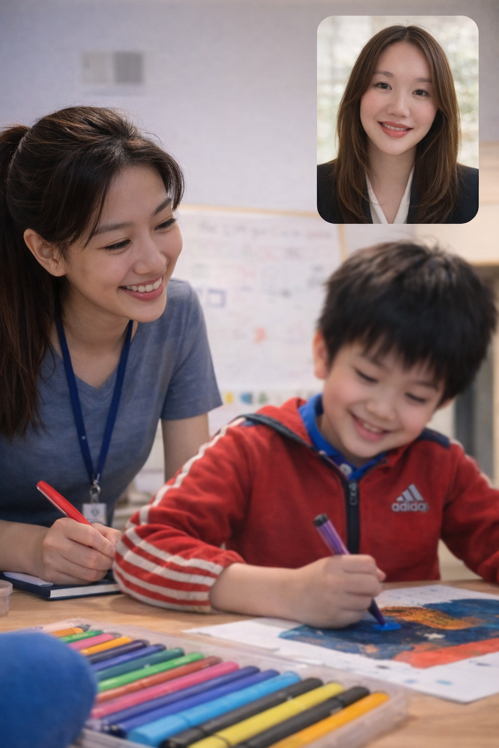 A young woman and a boy smile during a video call. The woman is leaning over a table next to the boy, who is drawing with colored markers on paper. The woman and boy appear happy, with art supplies visible on the table.