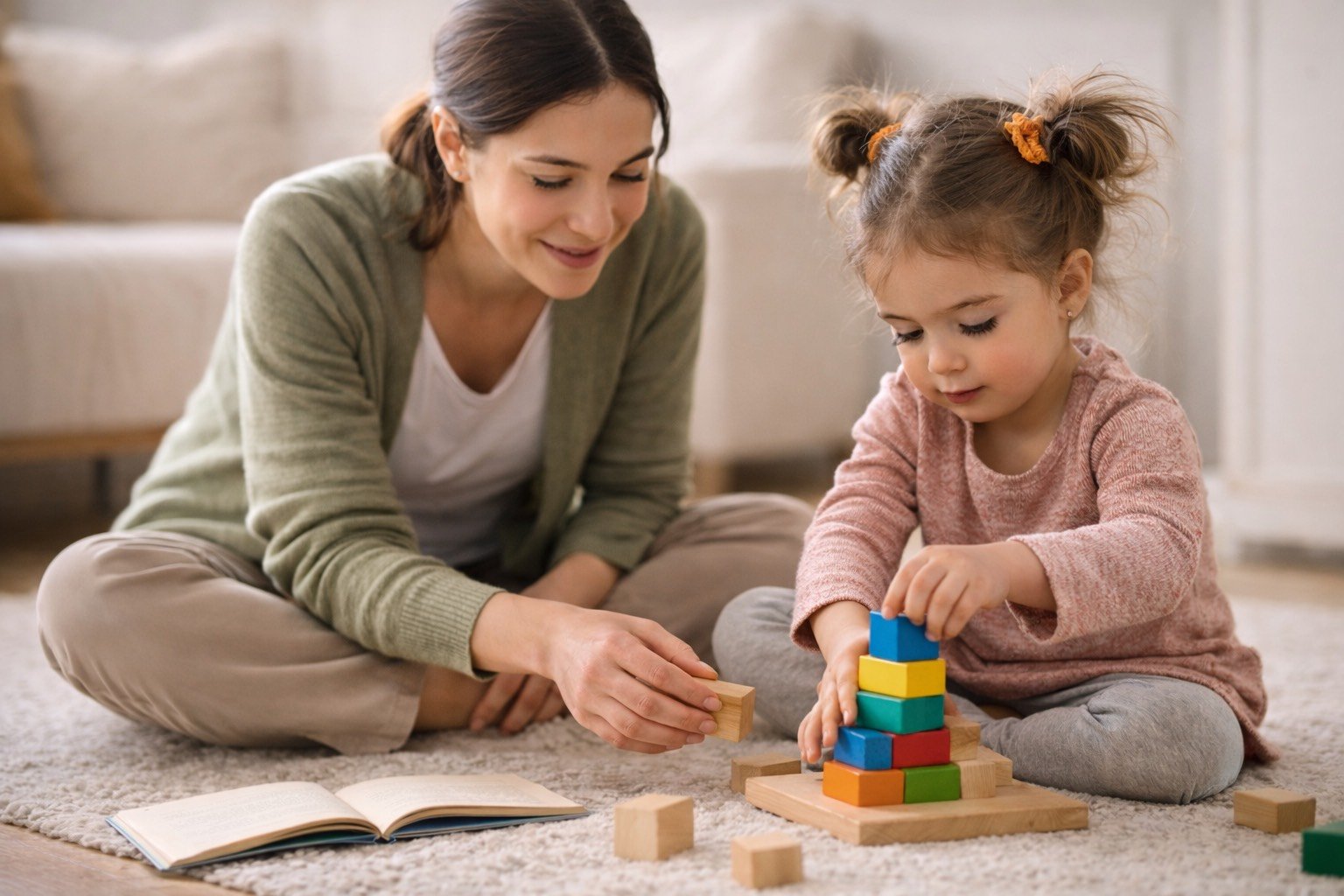 A woman and a young girl sit on a beige carpet playing with colorful wooden blocks, stacking them into a tower, with an open book nearby in a cozy living room.