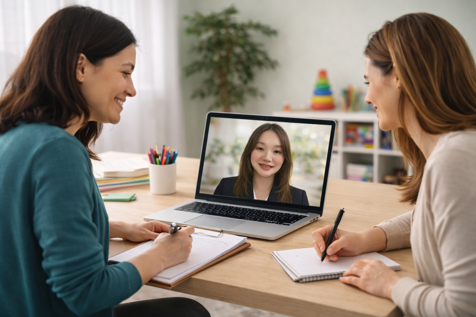 Two women sitting at a table, smiling and taking notes, engaged in a video call with a third woman on a laptop screen in a bright, organized room with toys and books