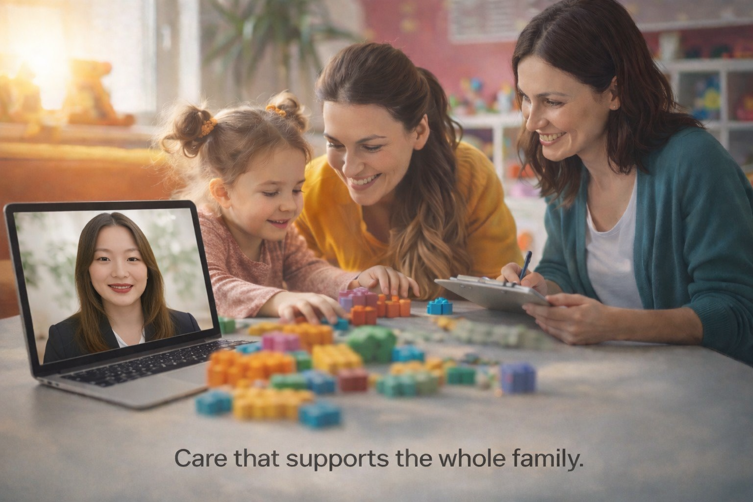 A family playing a board game together in a cozy room, with a woman and a young girl smiling and engaging in the game, while a woman on a video call appears on a laptop screen. The phrase 'Care that supports the whole family.' is at the bottom.