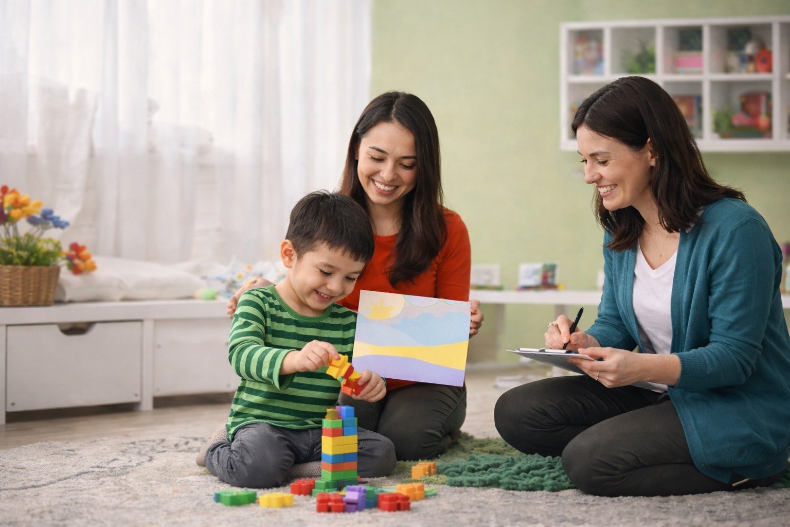 A boy playing with colorful building blocks on a carpet, with two women observing and smiling, one holding a drawing of a sunny landscape, in a cozy, well-lit room with a white curtain and shelves in the background.
