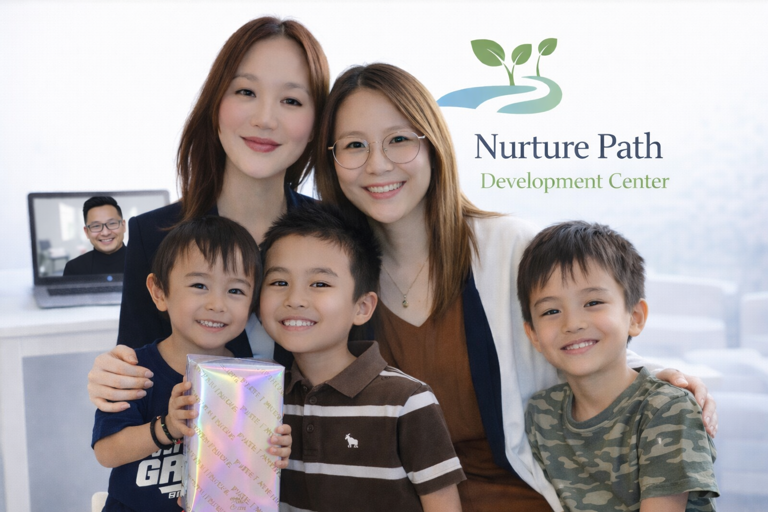 A group of four children and two women smiling for a photo indoors, with a laptop in the background. One child holds a shimmering gift box. The backdrop features a logo and text reading "Nurture Path Development Center."
