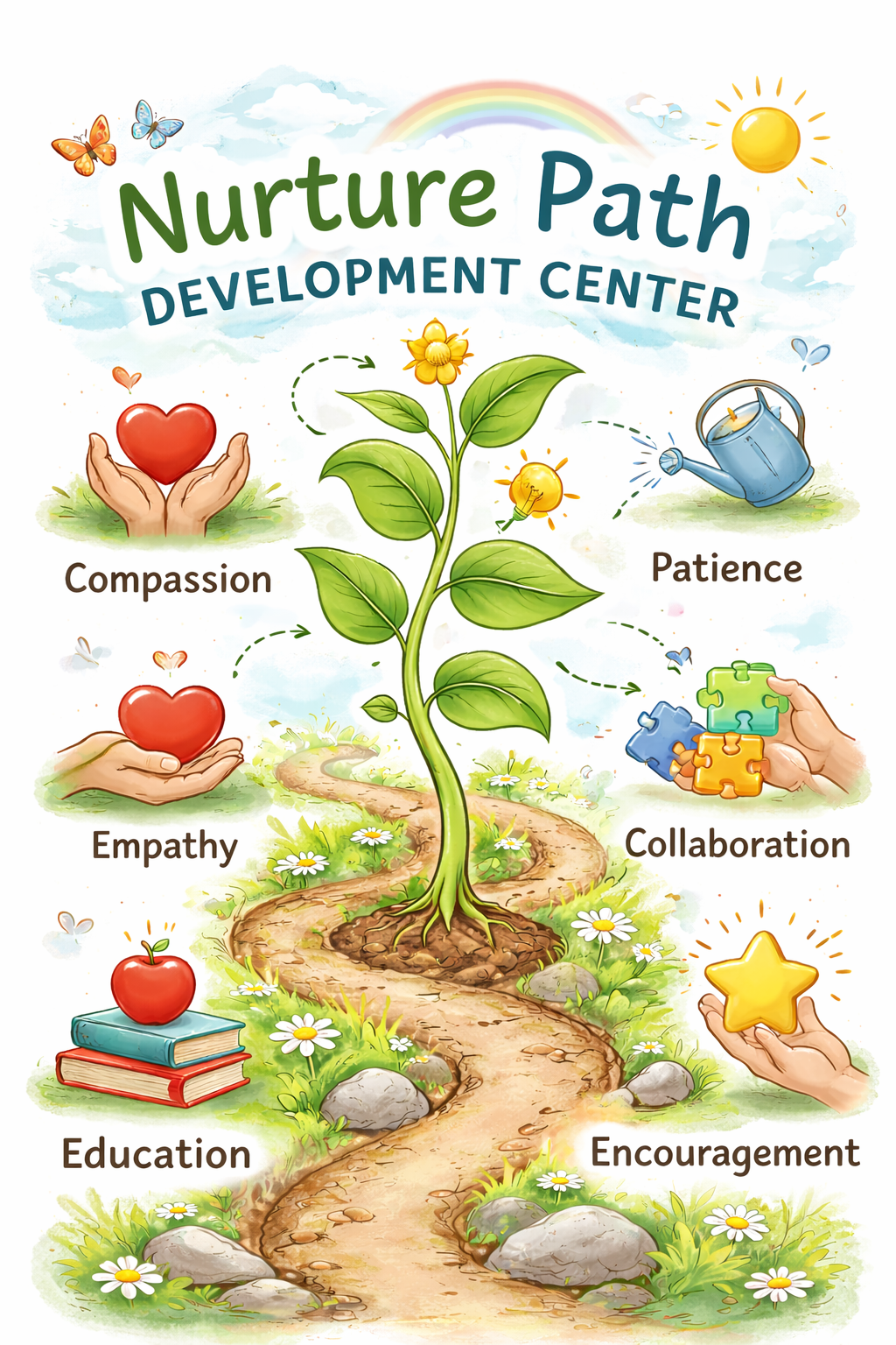 Illustration of a plant with five leaves representing values like compassion, empathy, education, patience, collaboration, and encouragement. The plant is surrounded by small images symbolizing each value, such as hands holding hearts, a watering can, puzzle pieces, a star, and books, with a bright sun, rainbow, clouds, butterflies, and flowers in the background.